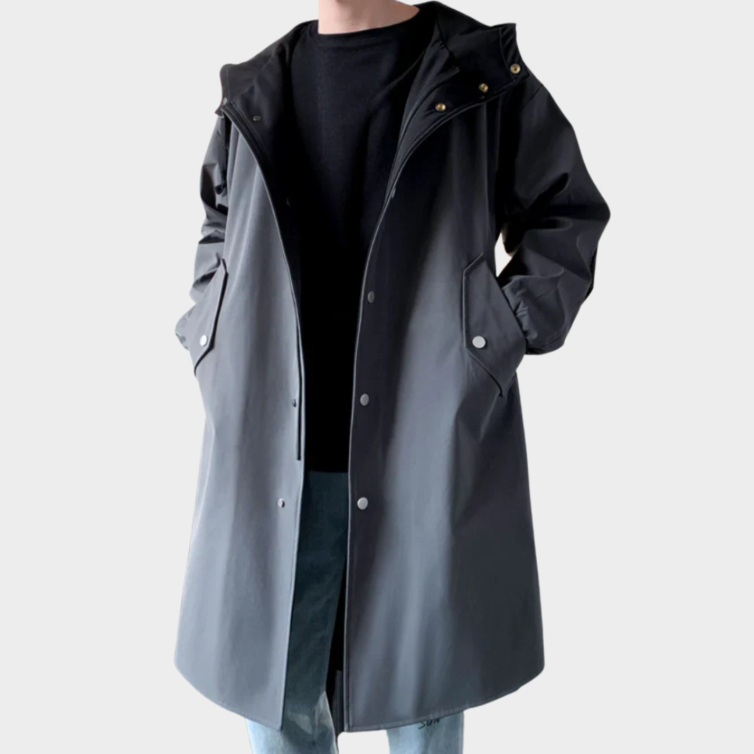 Men’s Long-Line Coat – Relaxed Fit Hooded Design – Snap Closure – Two-Tone Interior – Multiple Colours