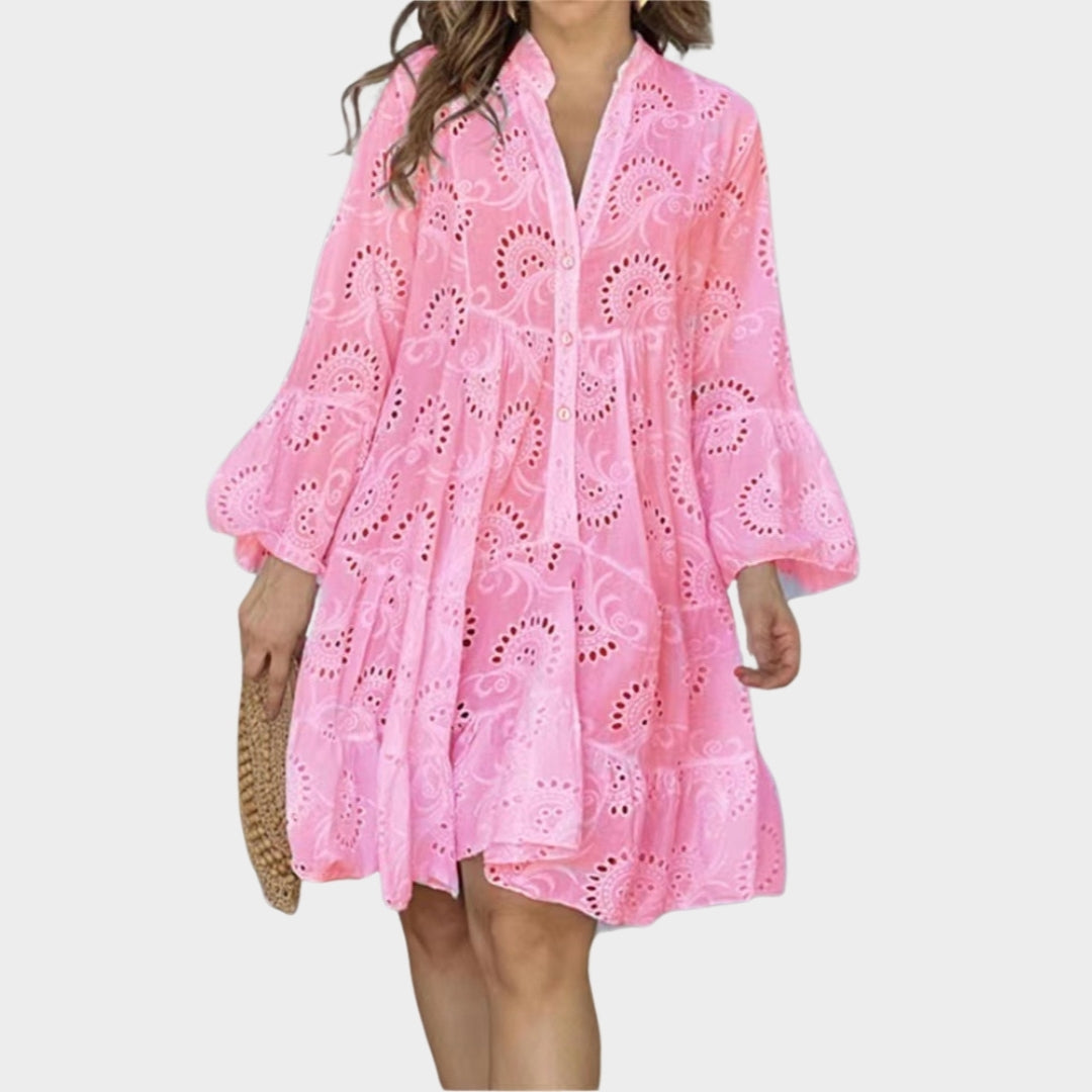 Spring Summer Women’s V-Neck Dress – Solid Color, Embroidered Hollow Lace, Loose Fit in Yellow, Red, Sky Blue, and More