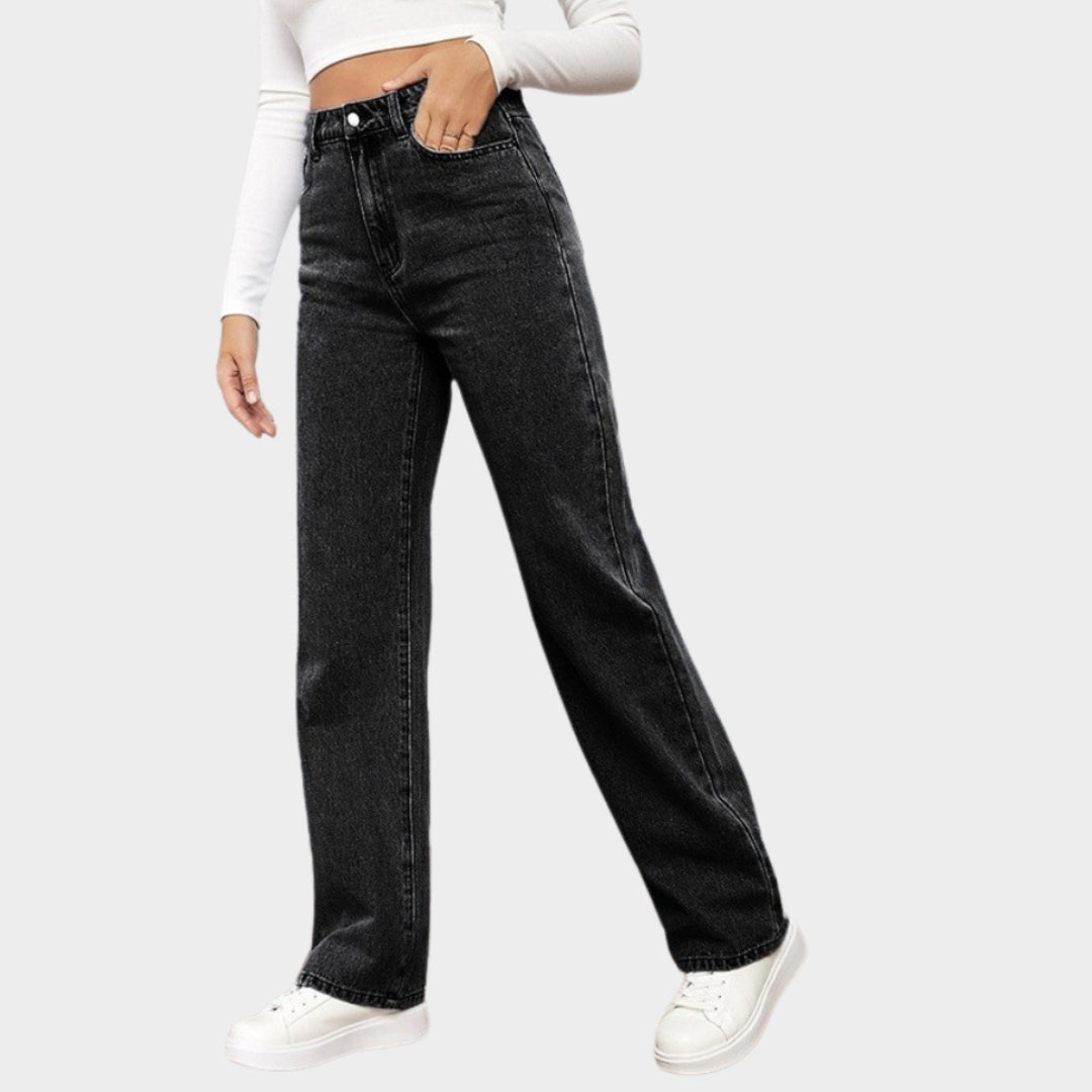 Women's High-Waist Straight Jeans - Vintage Washed Denim Pants with Pockets (Black, Blue, Light Blue)