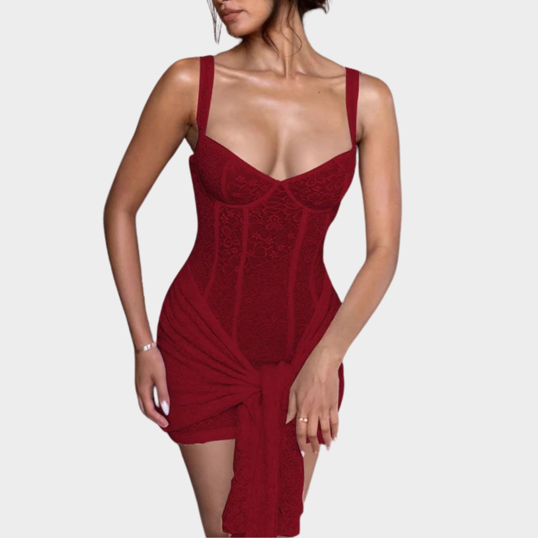 Women Mini Dress – Slim Fit with V-Neck Lace Detailing – Waist Stitching – Adjustable Straps – Hip Hugging Design – Elegant Party Wear – Multiple Colours