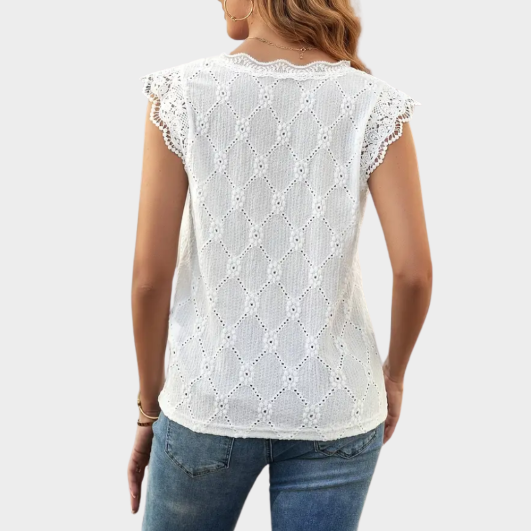 Women's Elegant V-Neck Blouse – Lace Patchwork Sleeveless Shirt – Slim Fit – White