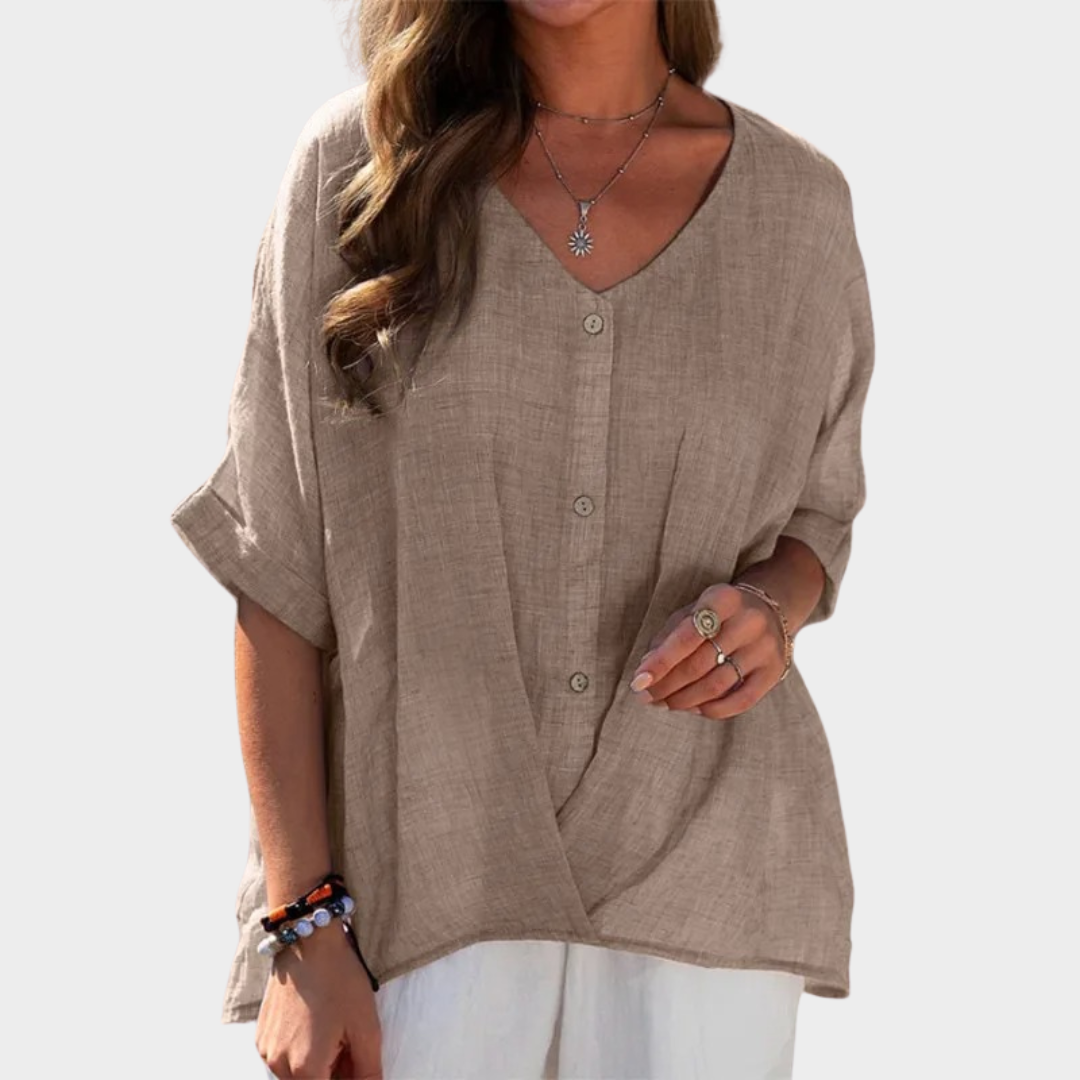 Women’s V-Neck Blouse – Relaxed Fit Button Front Top – Half Sleeve Design – Lightweight Breathable Blend – Multiple Colours