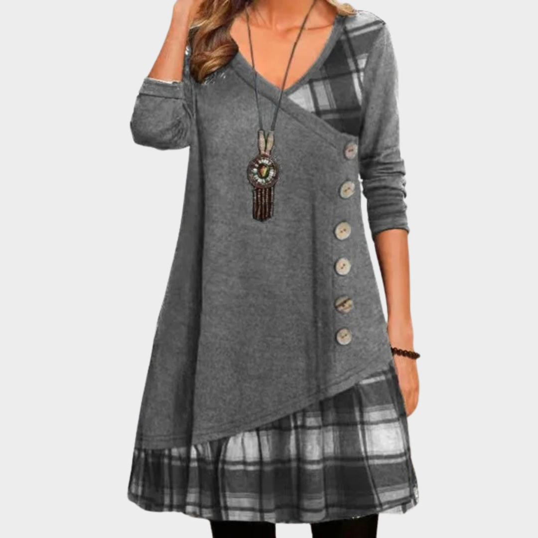 Women’s V-Neck Long Sleeve Dress – Checkered Patchwork Design – Button Front Irregular Hem – Comfortable Relaxed Fit – Soft Fabric – Multiple Colours