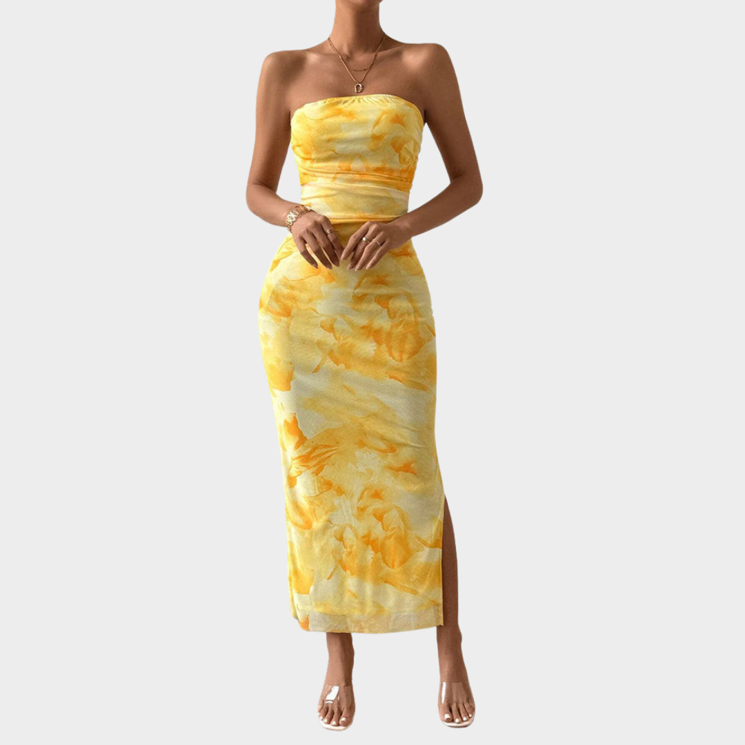Women's High-Waisted Bodycon Dress – Strapless – Slim Fit – Printed – Yellow