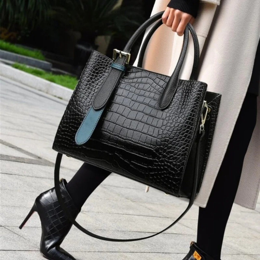 Women Handbag – Alligator Print PU Leather with Double Handle and Structured Design – Black