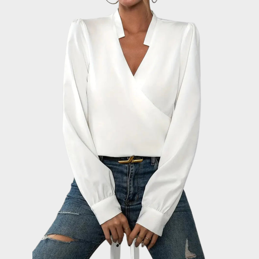 Women's V-Neck Long-Sleeved Shirt – Elegant & Stylish – Soft Fabric – White