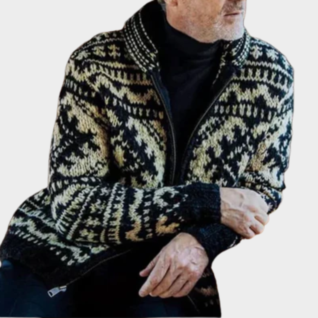 Men’s Knitted Cardigan Sweater – Retro Jacquard Design – Thick & Warm – Lace-Up Waist – Soft & Comfortable