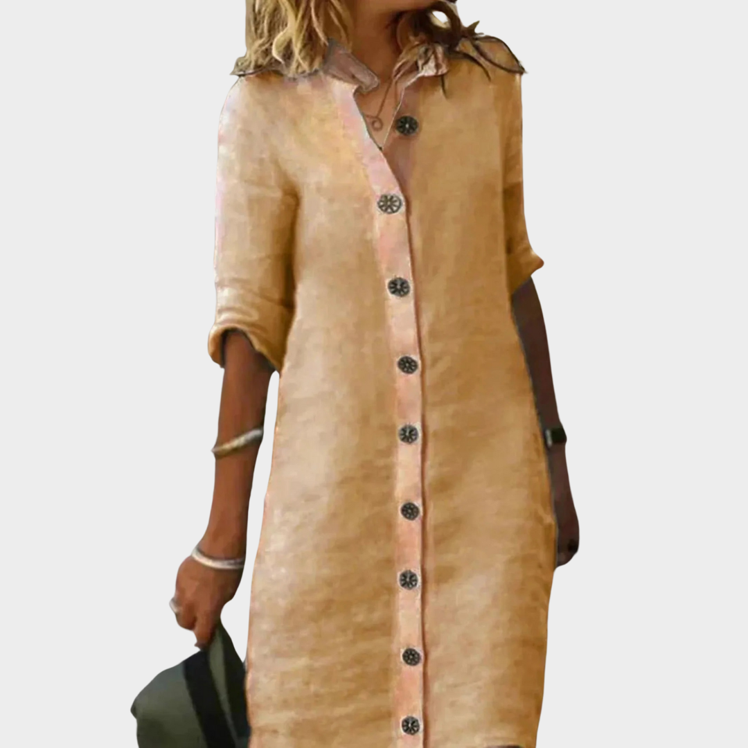 Women’s Loose Fit Long Sleeve Blouse Dress – Turn Down Collar with Button Front – Cotton Linen Blend – Baggy Fit – Multiple Colours