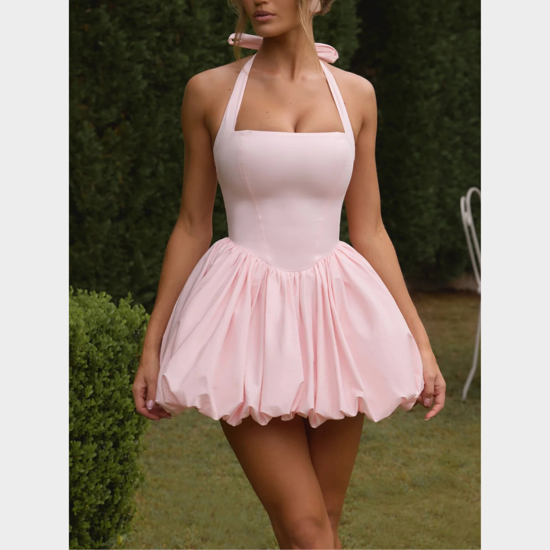 Women’s Mini Dress – Square Halter Neckline – Puffball Skirt – Lace Up Back – Princess Seam Detailing – Premium Cotton Blend – Multiple Colours