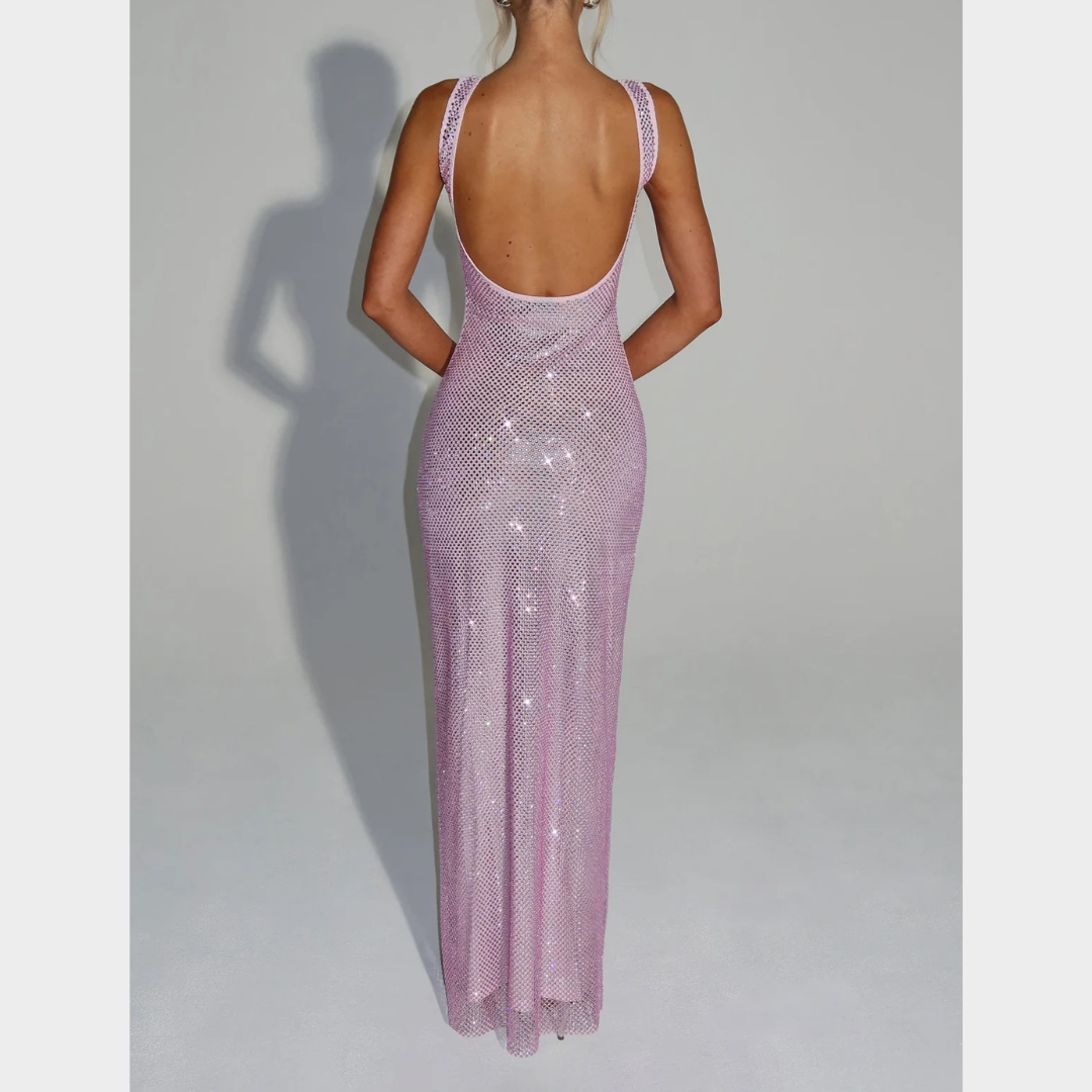 Women Petra Maxi Dress – Elegant Evening Long Dress with Rhinestone Embellished Stretch Net and Square Neckline – Multiple Colours