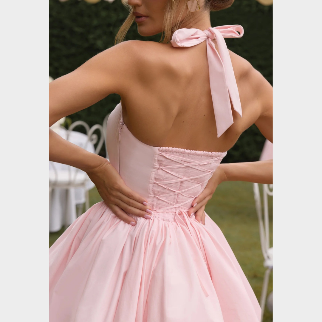 Women’s Mini Dress – Square Halter Neckline – Puffball Skirt – Lace Up Back – Princess Seam Detailing – Premium Cotton Blend – Multiple Colours