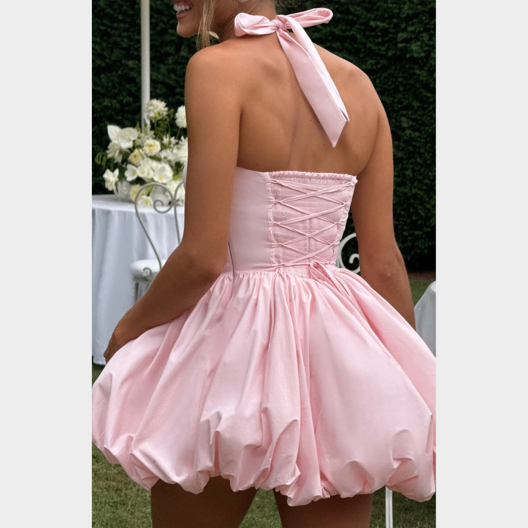 Women’s Mini Dress – Square Halter Neckline – Puffball Skirt – Lace Up Back – Princess Seam Detailing – Premium Cotton Blend – Multiple Colours