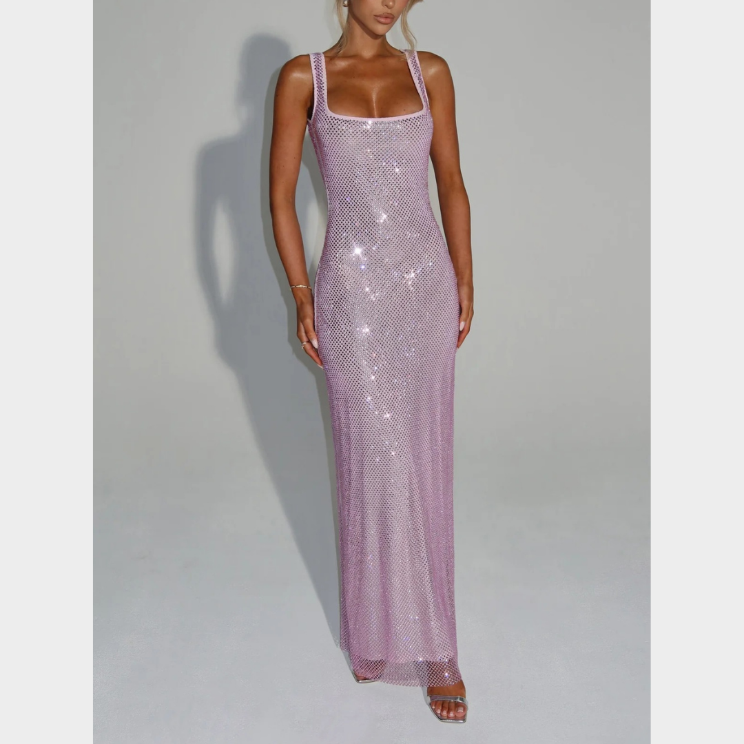 Women Petra Maxi Dress – Elegant Evening Long Dress with Rhinestone Embellished Stretch Net and Square Neckline – Multiple Colours