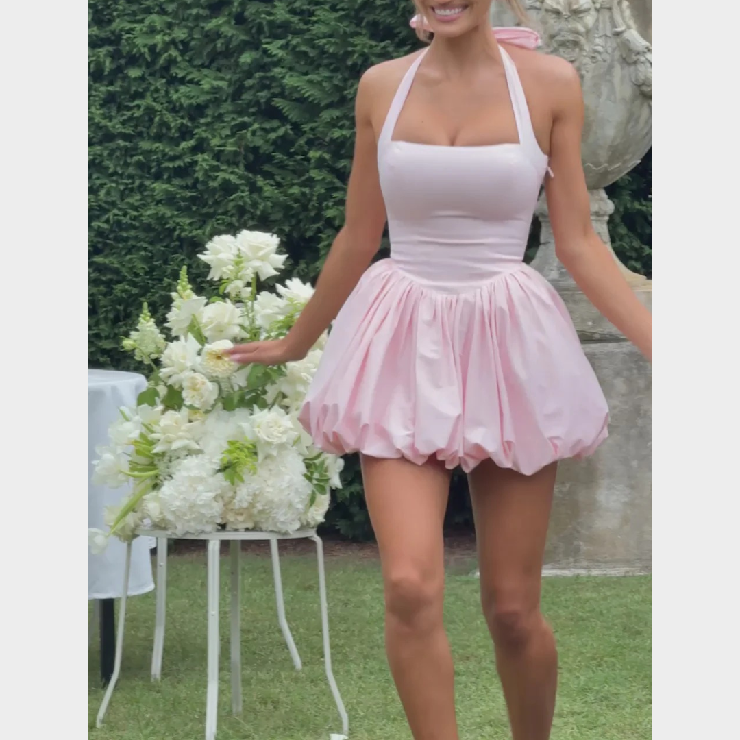 Women’s Mini Dress – Square Halter Neckline – Puffball Skirt – Lace Up Back – Princess Seam Detailing – Premium Cotton Blend – Multiple Colours
