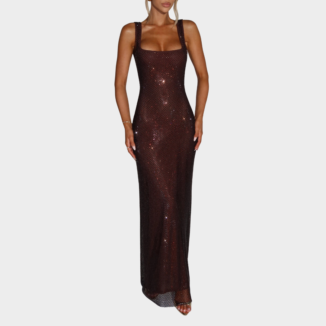 Women Petra Maxi Dress – Elegant Evening Long Dress with Rhinestone Embellished Stretch Net and Square Neckline – Multiple Colours