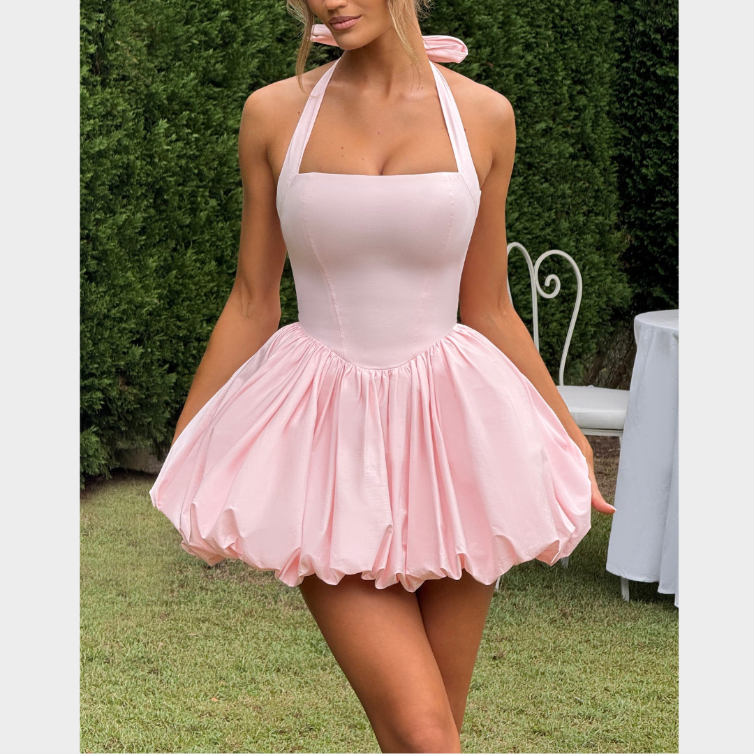 Women’s Mini Dress – Square Halter Neckline – Puffball Skirt – Lace Up Back – Princess Seam Detailing – Premium Cotton Blend – Multiple Colours
