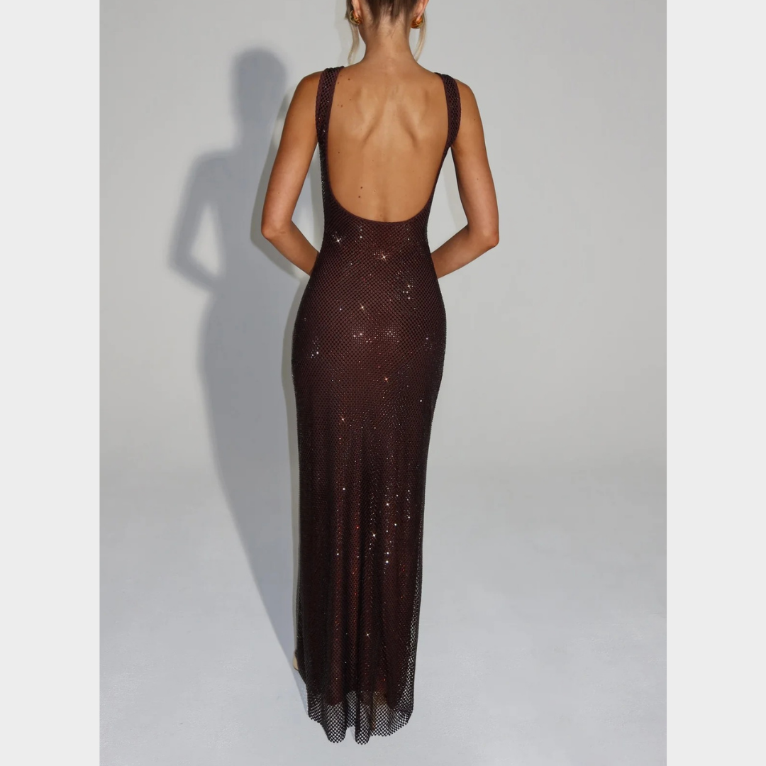 Women Petra Maxi Dress – Elegant Evening Long Dress with Rhinestone Embellished Stretch Net and Square Neckline – Multiple Colours