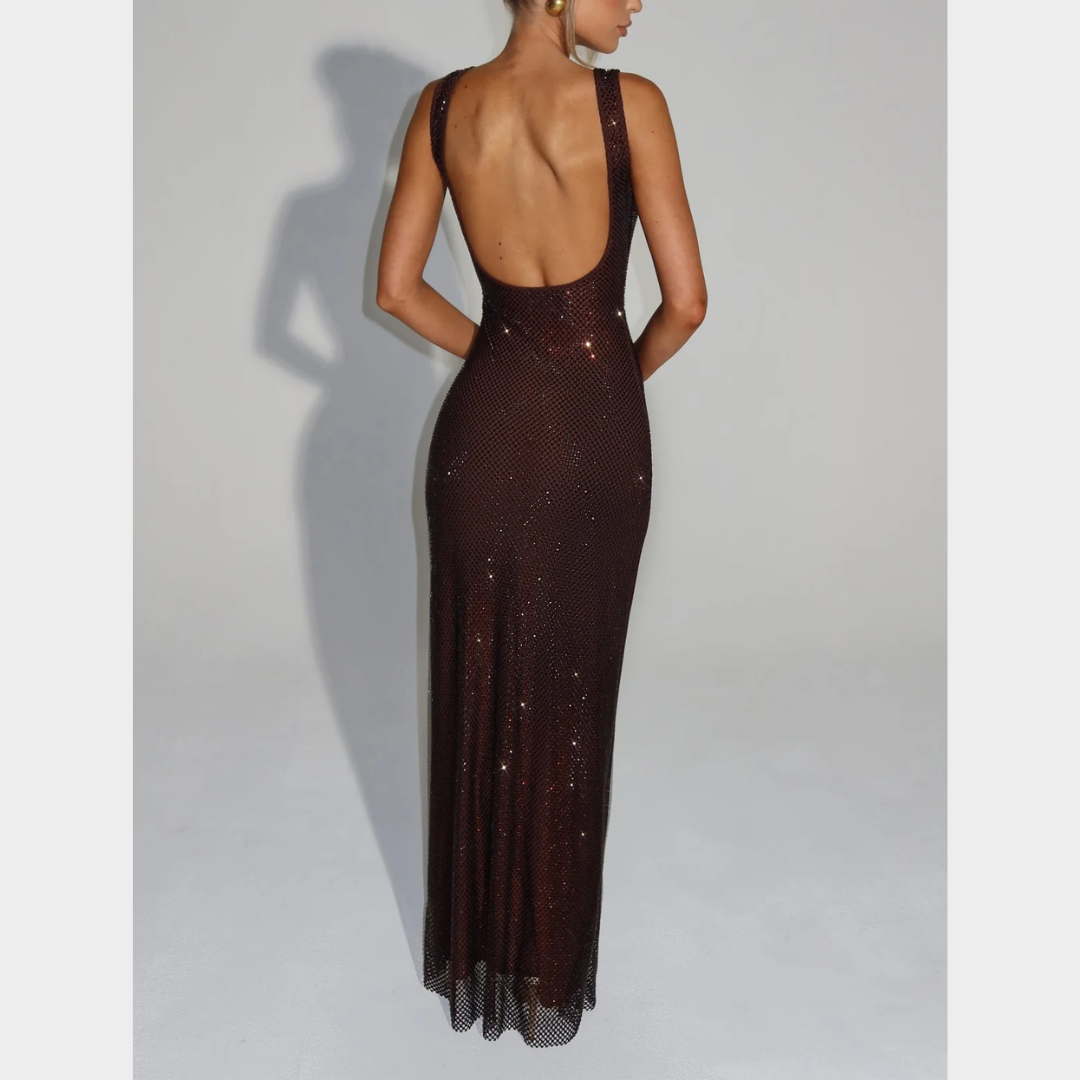 Women Petra Maxi Dress – Elegant Evening Long Dress with Rhinestone Embellished Stretch Net and Square Neckline – Multiple Colours