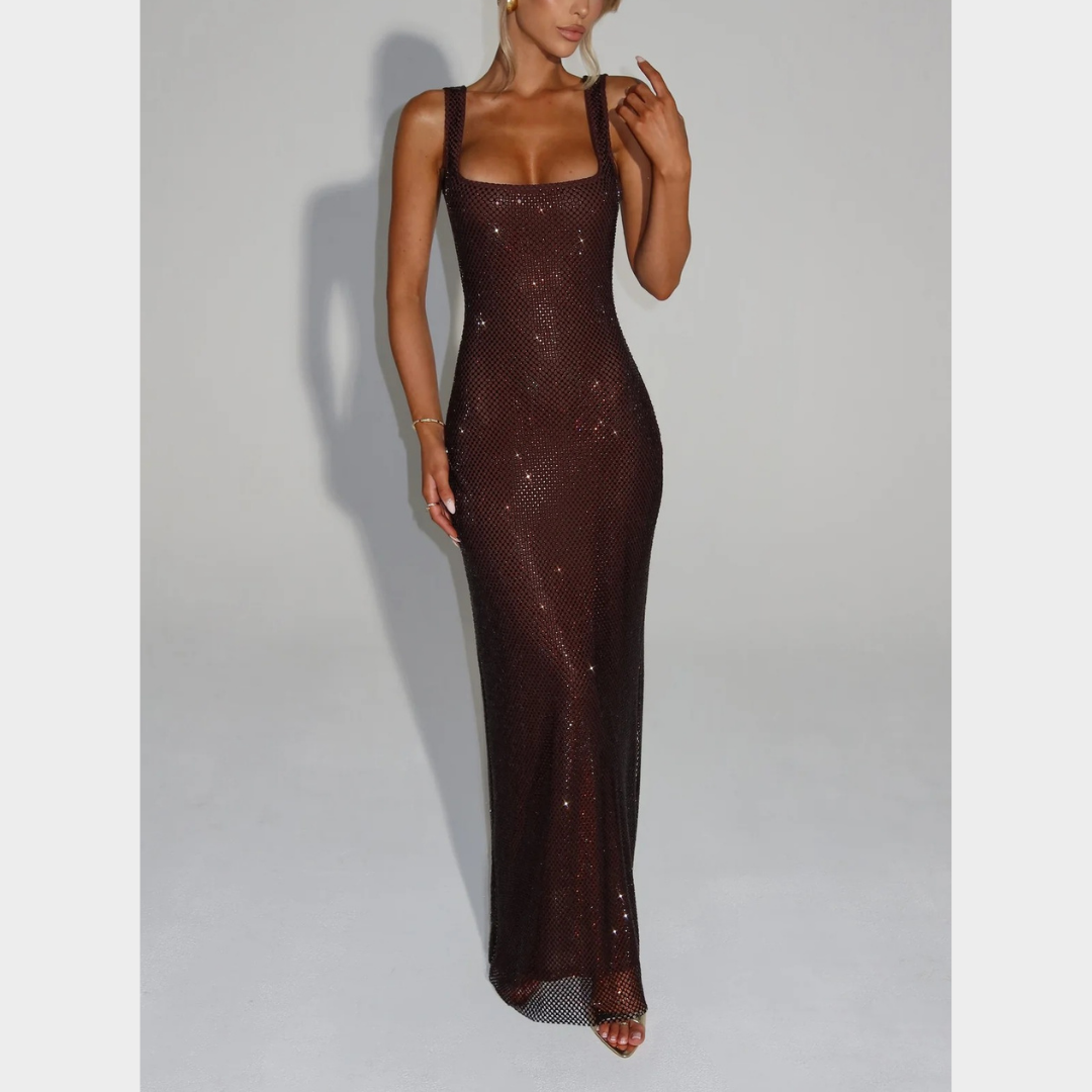 Women Petra Maxi Dress – Elegant Evening Long Dress with Rhinestone Embellished Stretch Net and Square Neckline – Multiple Colours