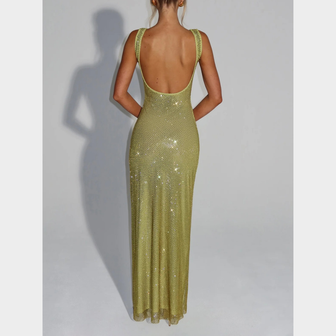 Women Petra Maxi Dress – Elegant Evening Long Dress with Rhinestone Embellished Stretch Net and Square Neckline – Multiple Colours
