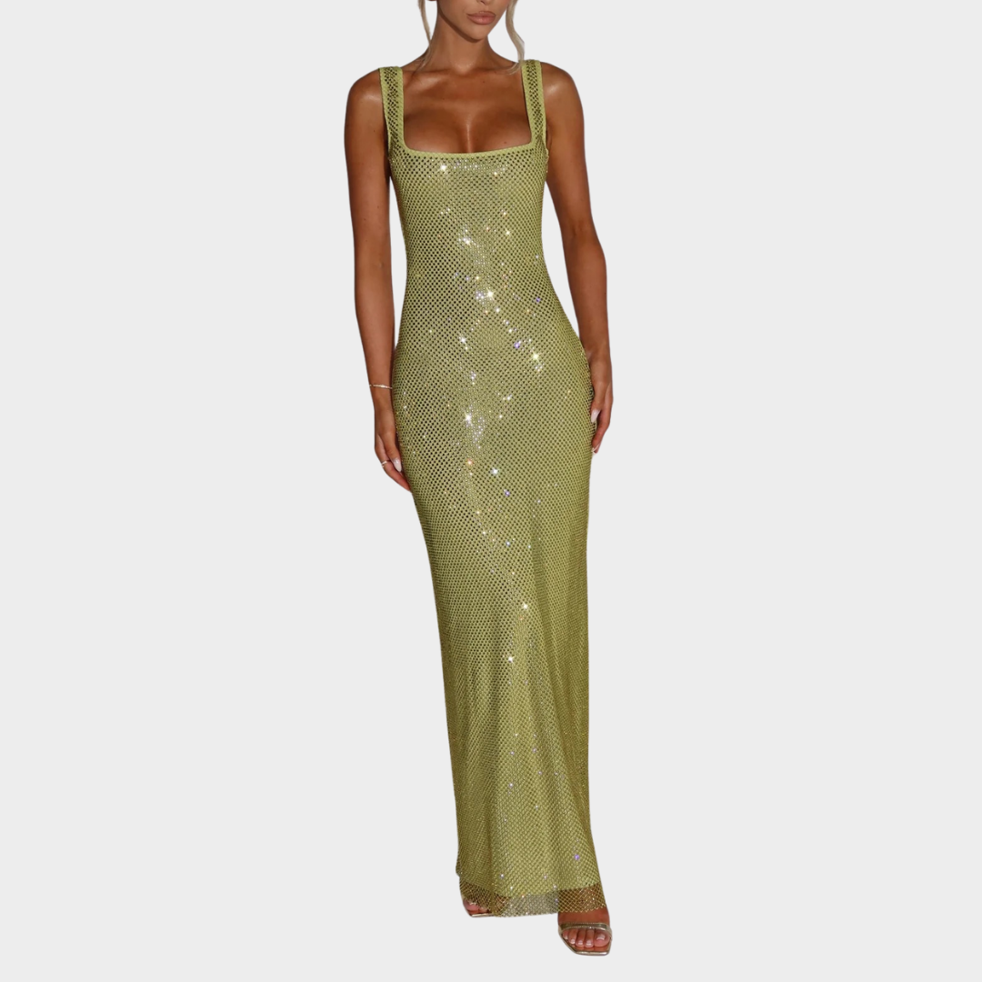 Women Petra Maxi Dress – Elegant Evening Long Dress with Rhinestone Embellished Stretch Net and Square Neckline – Multiple Colours
