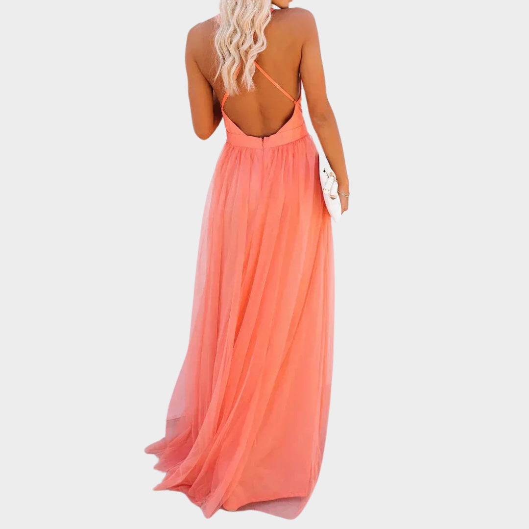 Women’s Sleeveless V-Neck Midi Dress – Backless Design with Elegant Slim Fit – Lightweight Comfortable Fabric – Orange
