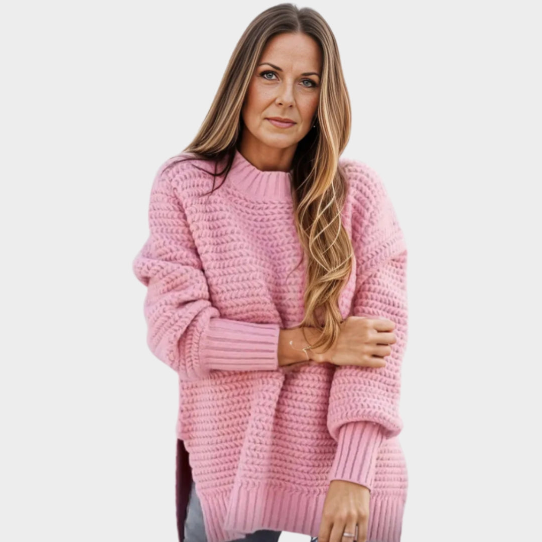 Thick Women’s Knitted Sweater – Half-High Collar, Unique Pattern, Beige, Red, and More