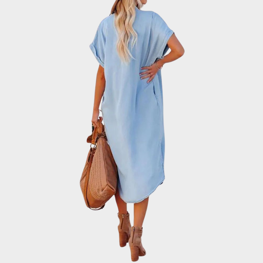 Women's Maxi Dress – Short Sleeve – Turn-Down Collar – Button Front – Elegant Party Style – Soft Fabric – Blue