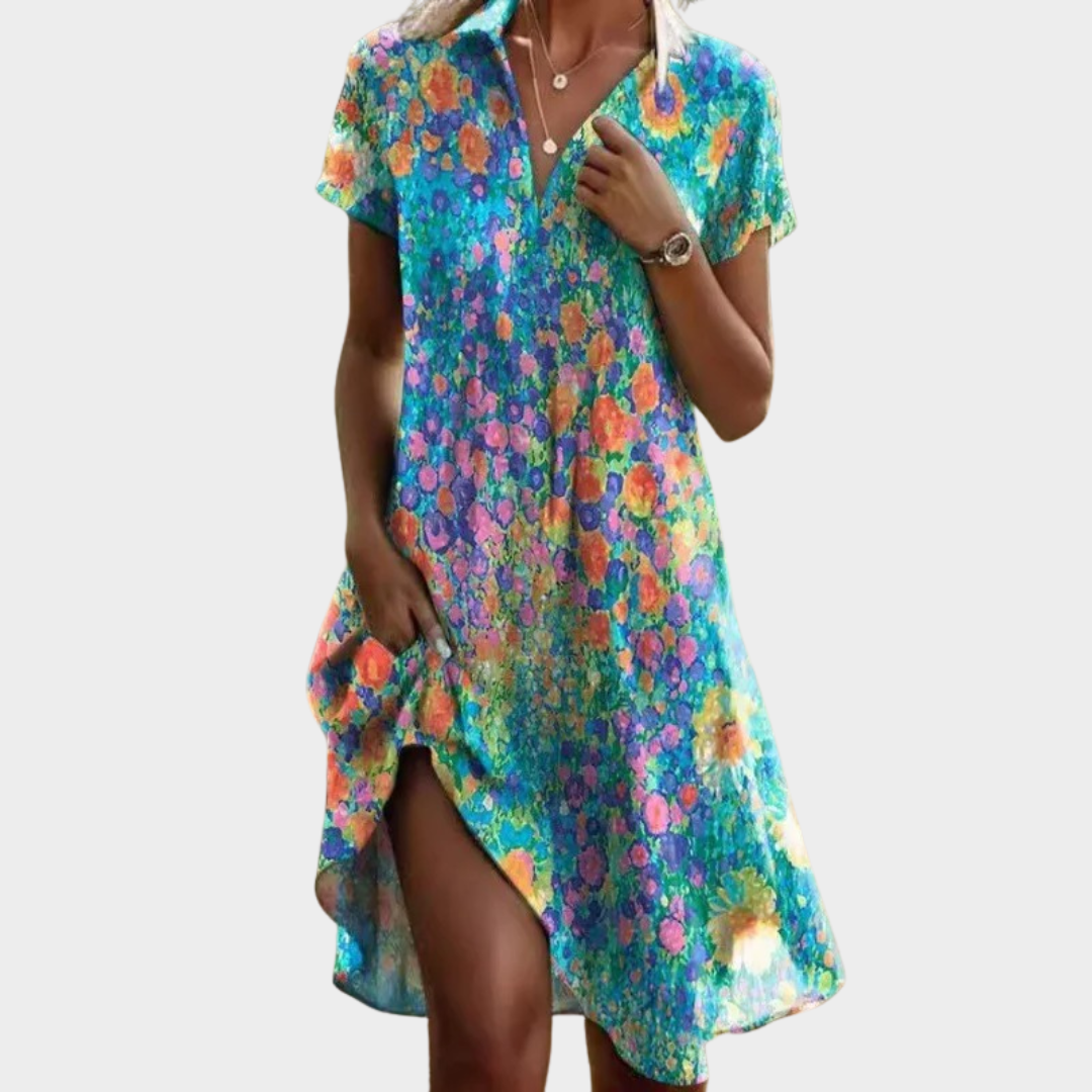 Women's V-Neck Bohemian Dress – Short Sleeve Long Skirt with Pockets – Cotton-Polyester Blend – Multiple Colours