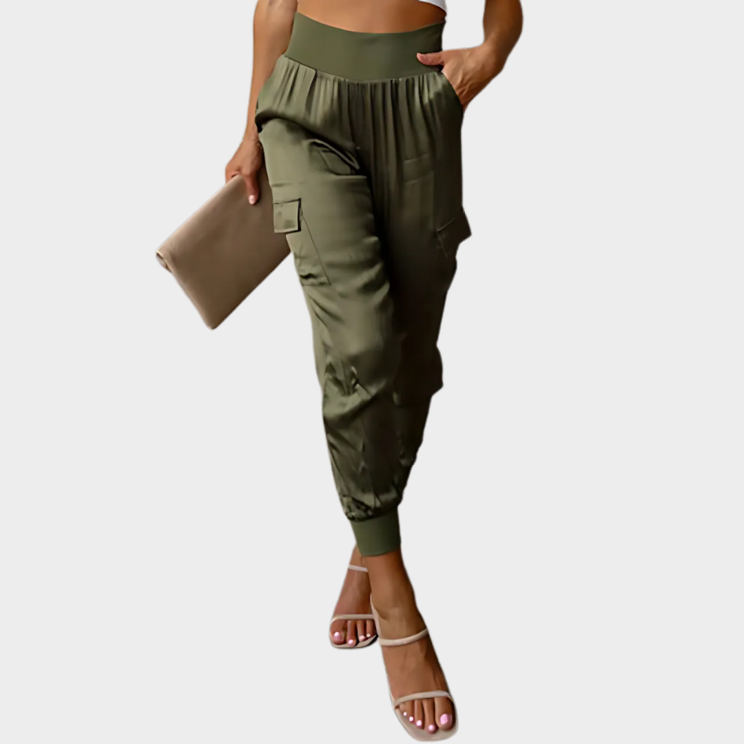 Women's Satin Cargo Trousers – Elastic Waist Office Casual Pants – Multiple Colours