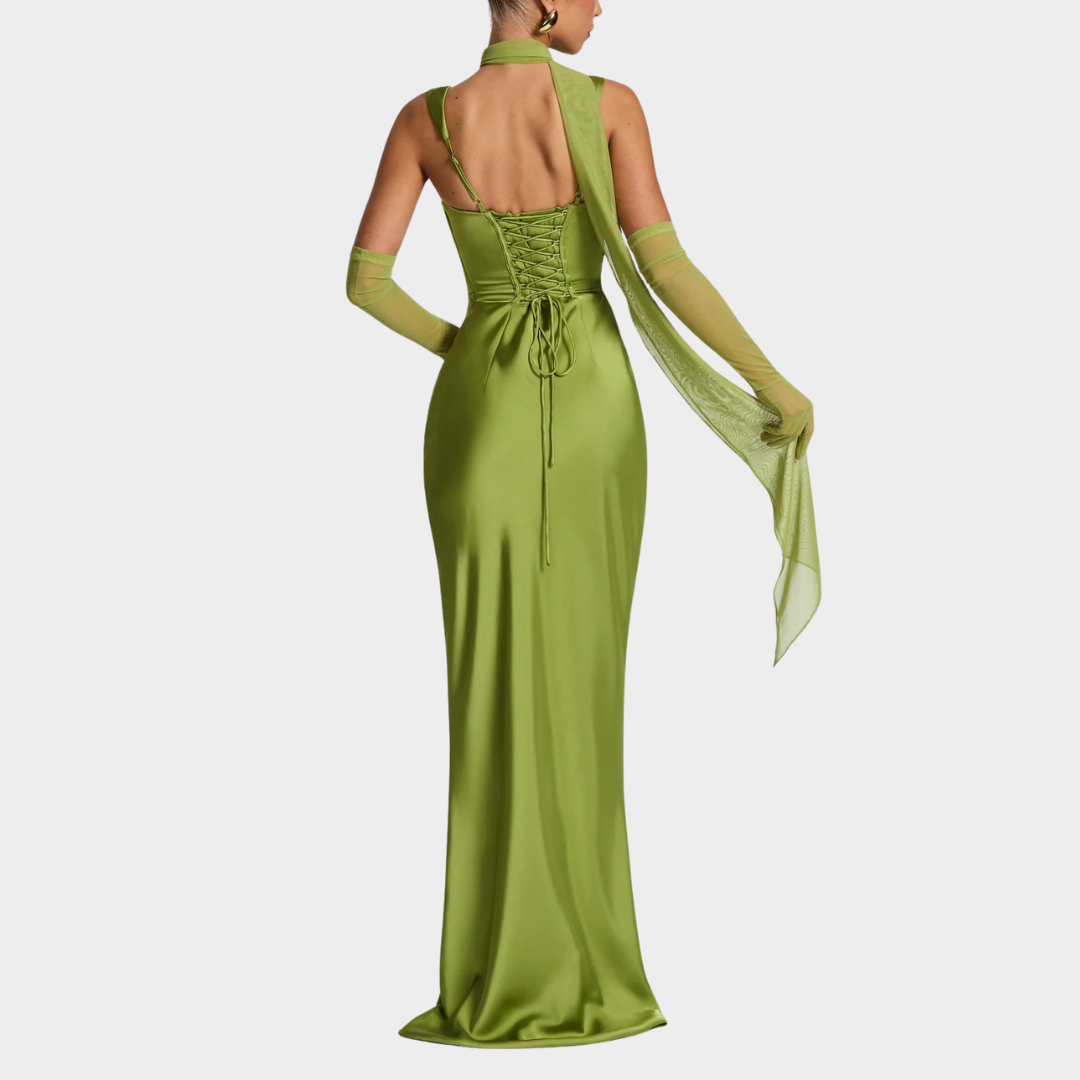 Women Slim Fit Satin Maxi Dress – Elegant Long Dress with Pleated Bodice Square Neckline and Lace Up Back – Multiple Colours