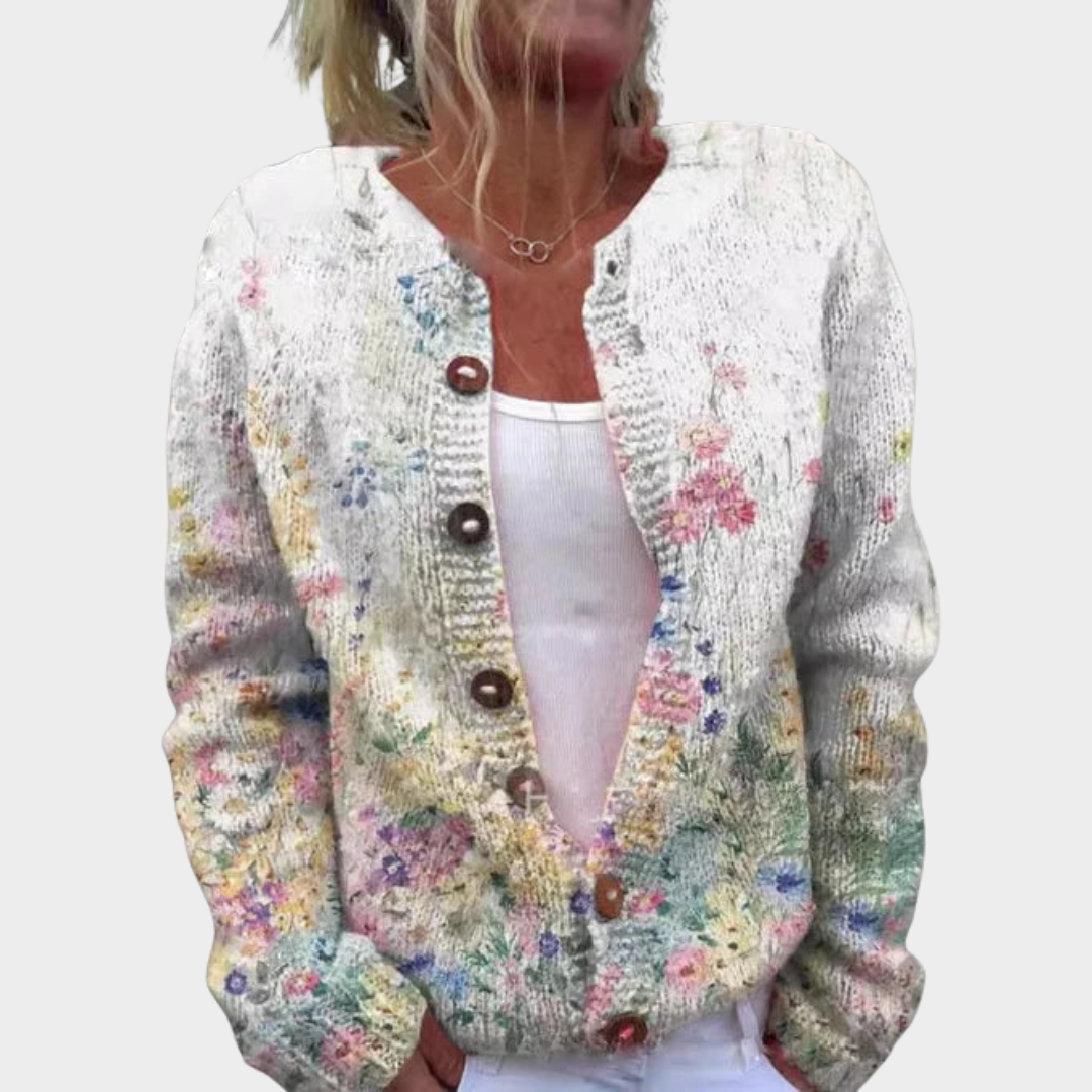 Women's Floral Knit Cardigan – V-Neck – Soft & Warm – Adjustable Fit – Multiple Colours