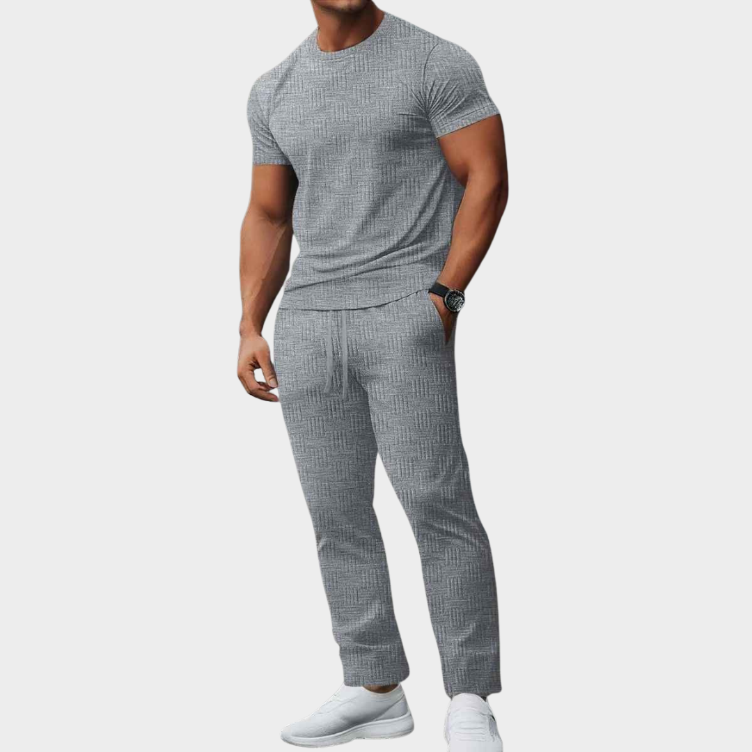 Men's Co-Ord Set – Striped Jacquard Round Neck Short Sleeve T-Shirt with Solid Colour Loose Long Pants – Multiple Colours