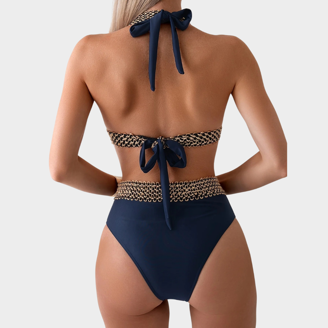 Women Two Piece Swimsuit – Sporty Halter Neck Bikini with High Waist Fit and Textured Trim – Multiple Colours