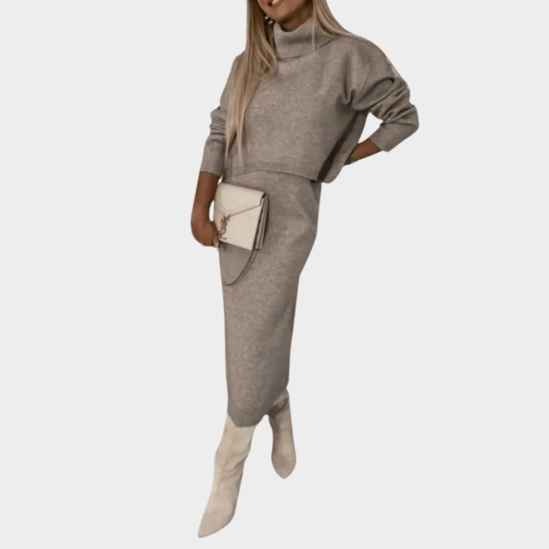 Women’s High Neck Knitted Two-Piece Set - Solid Color Skirt & Top, Autumn Winter, White, Grey, Camels