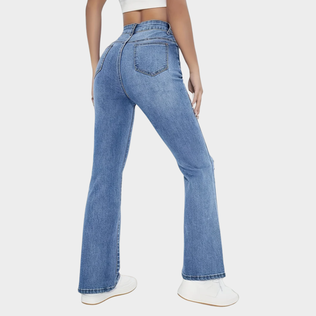 Women's High-Waist Denim Trousers – Slim Fit – Washed Jeans – Light Blue