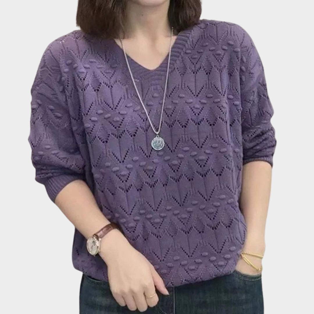 Women’s V-Neck Hollow Out Long Sleeve Knitted Sweater – Loose Fit Spring/Autumn in 5 Colors