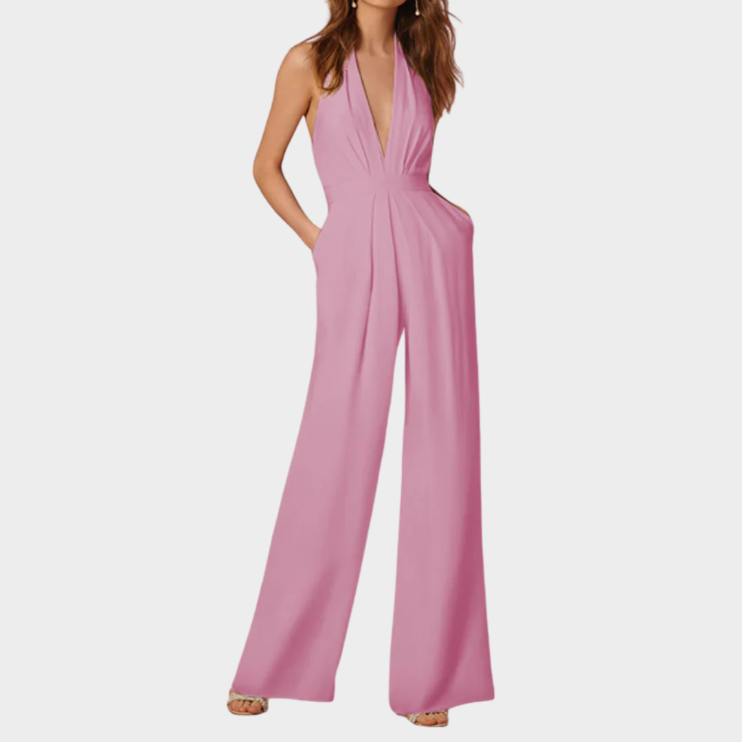 Women’s Halterneck Jumpsuit – Sleeveless Wide-Leg Fit with V-Neck & Pockets – Lightweight Polyester Blend – Multiple Colours