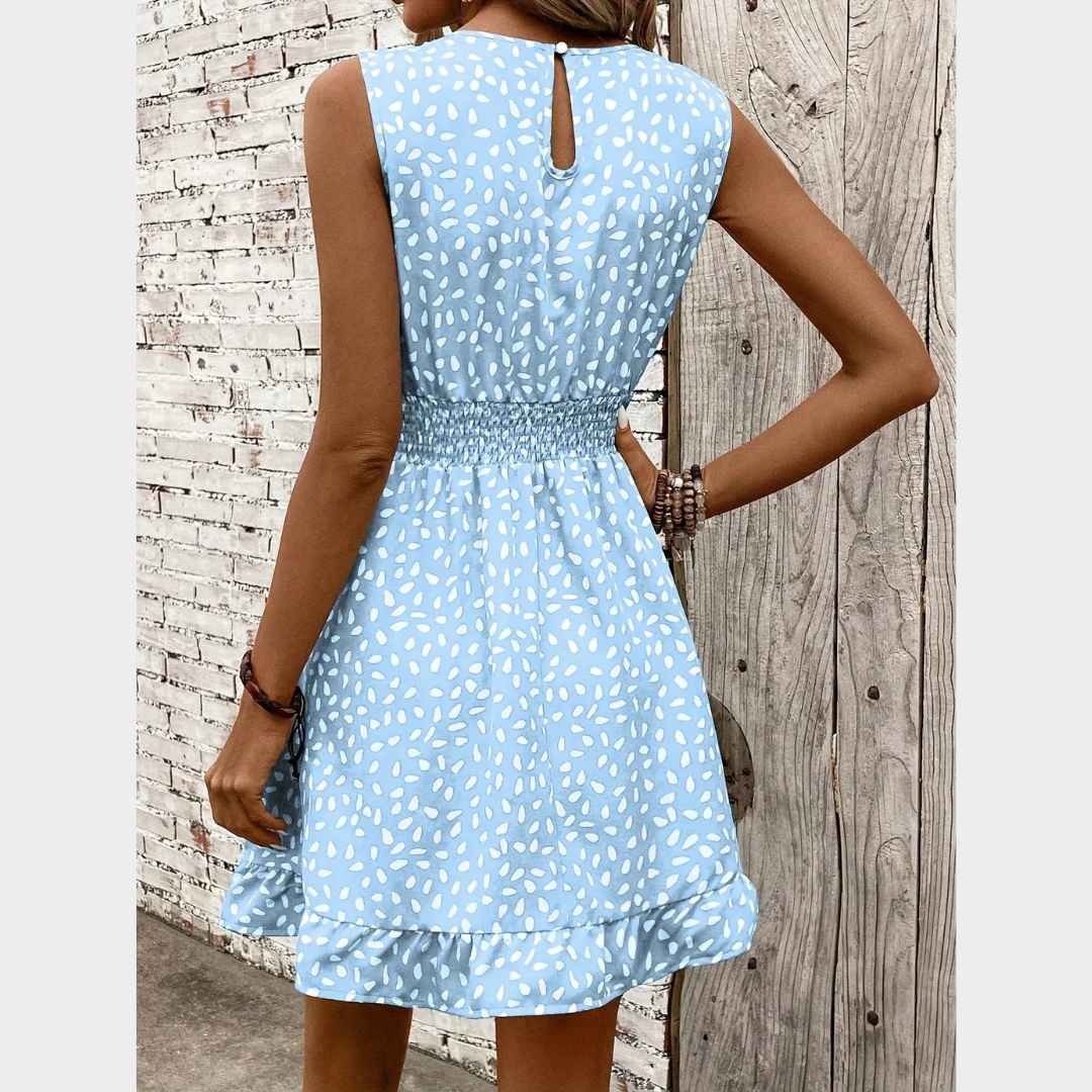 Women’s Sleeveless Printed Dress – Round Neck with Elastic Waist – Lightweight Polyester – Multiple Colours