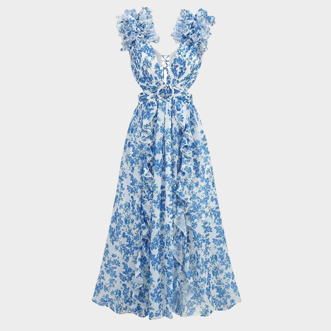 Women’s Sleeveless Long Dress – Deep V Neck with Floral Print and Ruffle Detail – Hollow Out Waist, Split Skirt – Lightweight Fabric – Multiple Colours