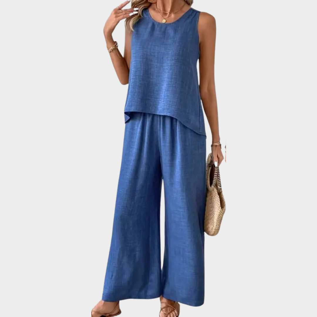 Women 2-Piece Set – Lace Sleeveless Top and Wide-Leg Trousers – Relaxed Fit – Soft Blend – Multiple Colours