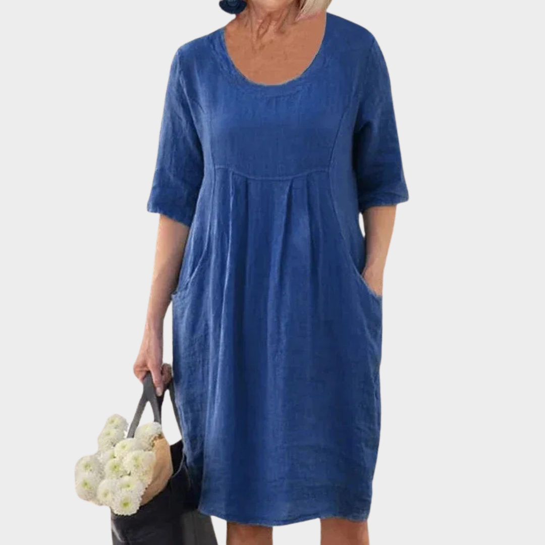 Women Oversized Pocket Dress – Loose Fit Cotton Linen Short Sleeve O-Neck Design – Multiple Colours