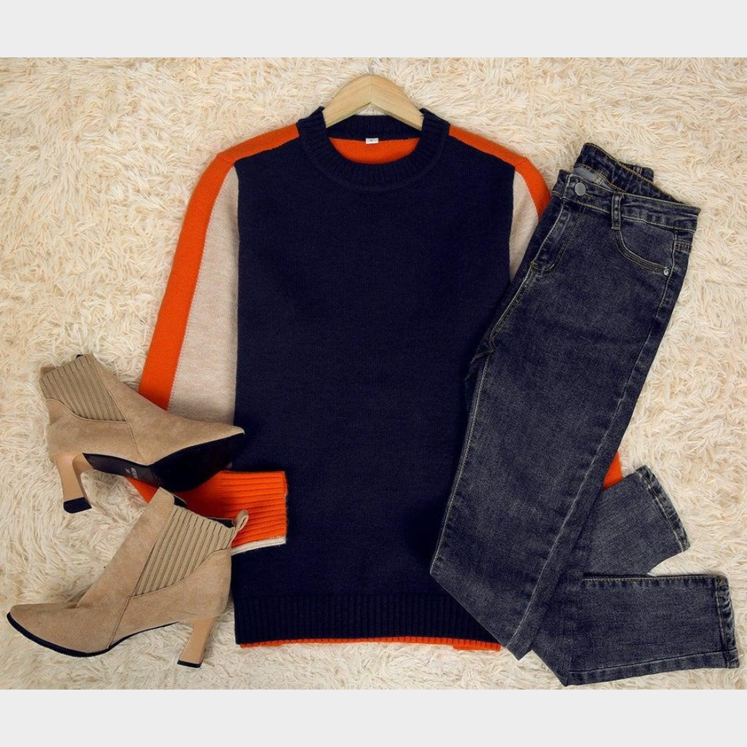 Women Knitted Sweater – Vintage Inspired O Neck Pullover – Loose Casual Fit – Soft Wool Blend Spliced Knitwear – Blue