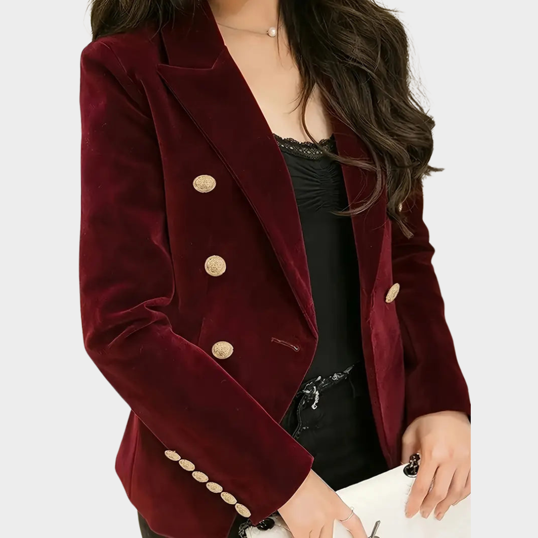Women's Slim Velvet Blazer – Double Breasted – Elegant Office Wear – Soft & Stylish – Burgundy