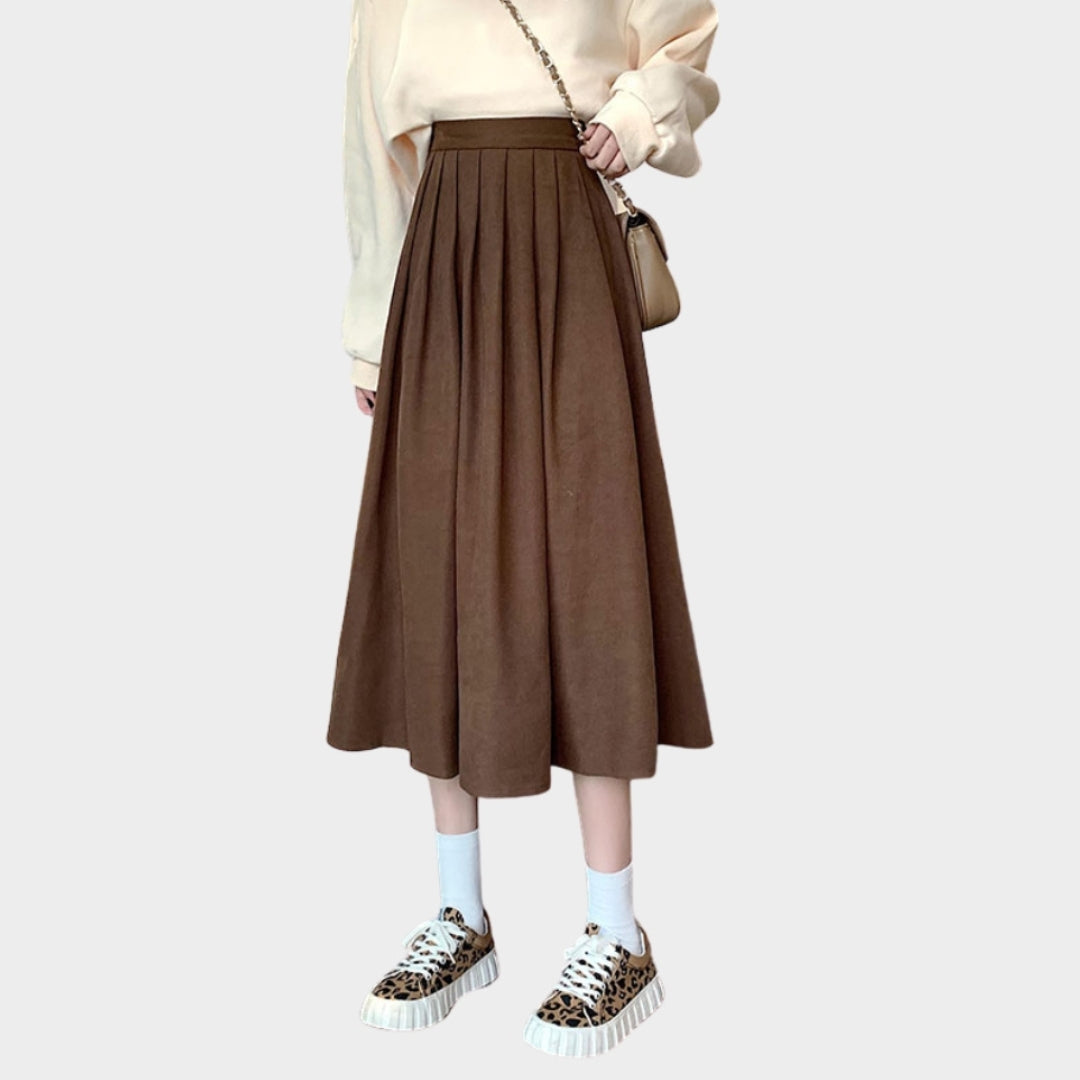 Women’s High Waist Pleated Skirt - Vintage A-Line Korean College Style Long Skirt, Blue, Black, and More