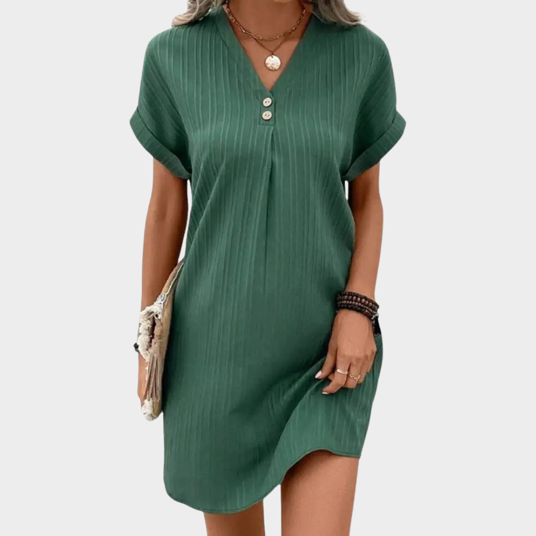 Women’s Dress – Loose Fit – V-Neck – Button Front – Short Sleeve – Multiple Colours
