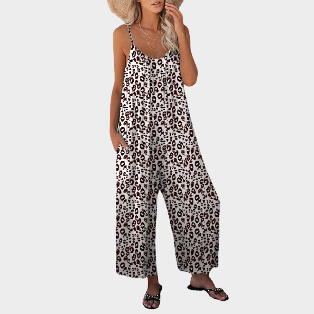 Summer Women's Jumpsuit – Leopard Pattern, Loose Casual Fit, Pockets, Belt, Multiple Colors
