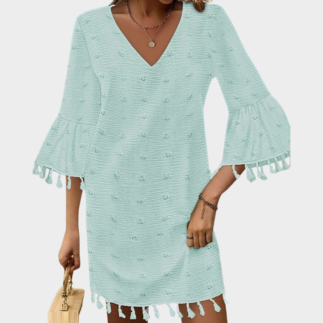 Women's V-Neck Fringe Mini Dress – Flared Sleeves – Loose Fit – Lightweight Fabric – Multiple Colours