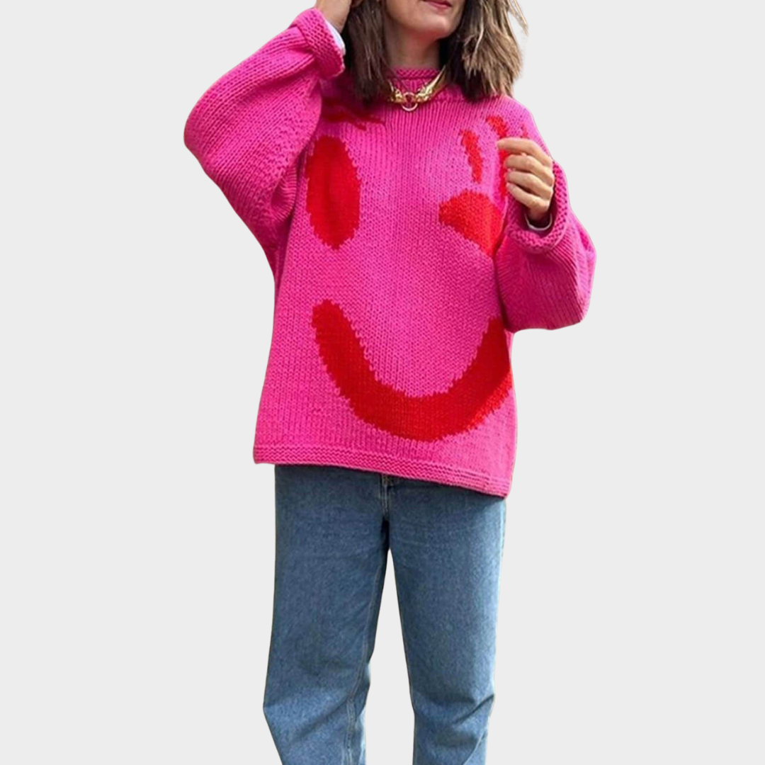 Women's Loose Knit Pullover – Happy Face Sweater – Soft & Chic – Multiple Colours