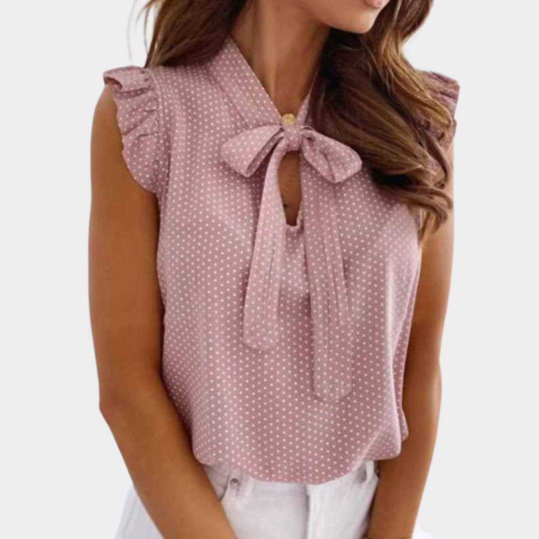 Women Sleeveless Blouse – Relaxed Fit Bow Tie Neck with Polka Dot Ruffle Trim – Multiple Colours